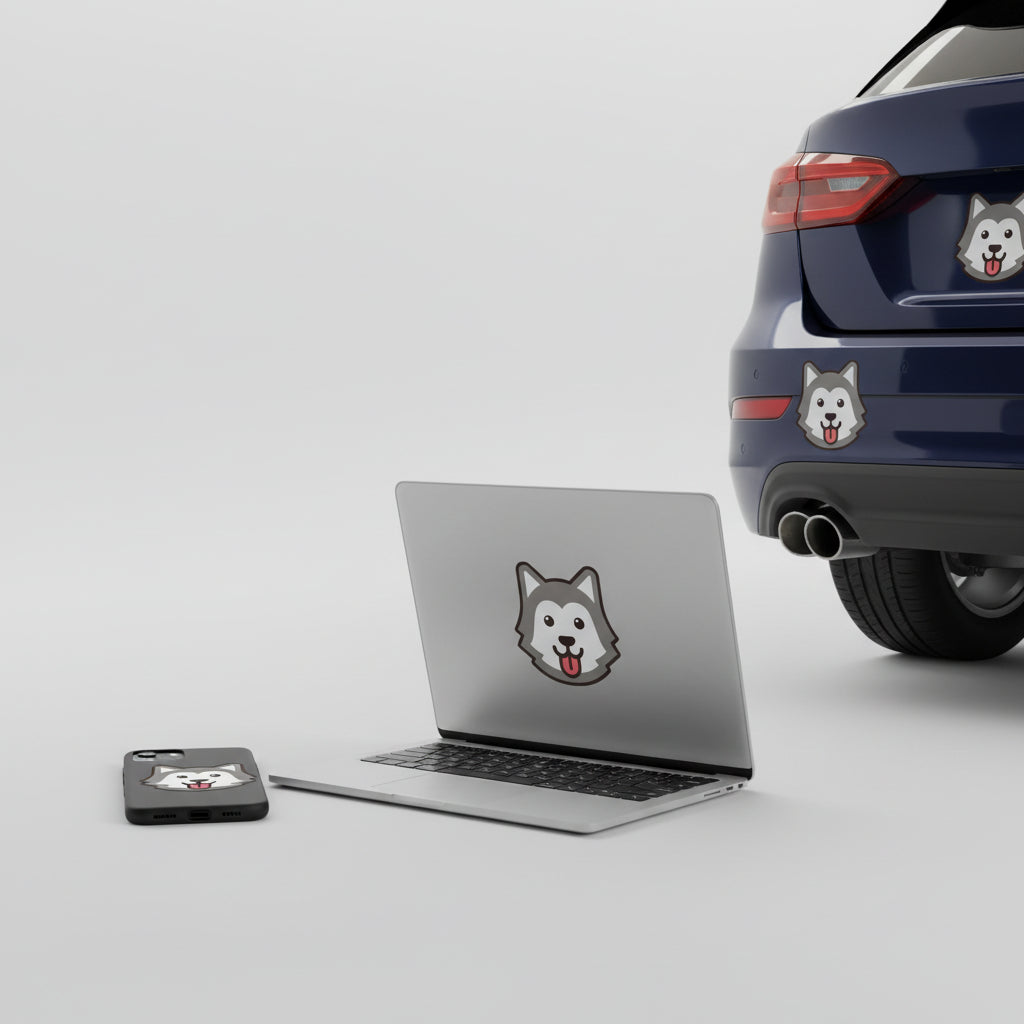 Cute Gray Siberian Husky Wolf Vinyl Sticker – Kawaii Cartoon Emoji Dog Decal - Twin Pack
